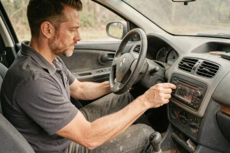Homme entrant le code radio dans une Renault Clio 3 depuis l'habitacle, tableau de bord visible