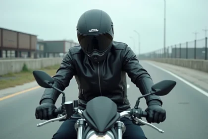 Motard en tenue de protection complète sur une moto puissante, illustrant les erreurs dangereuses à éviter