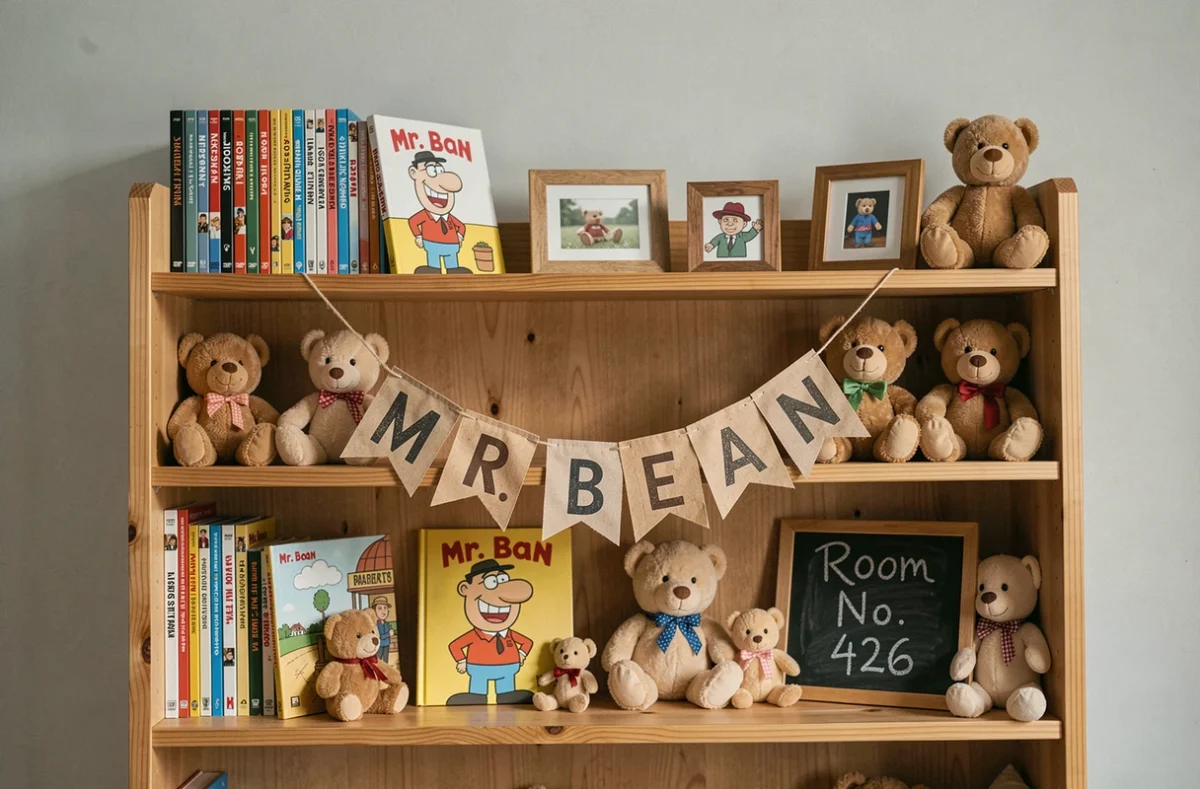 Étagère enfant décorée avec des livres, DVD et peluches sur le thème de Mr. Bean dans une chambre