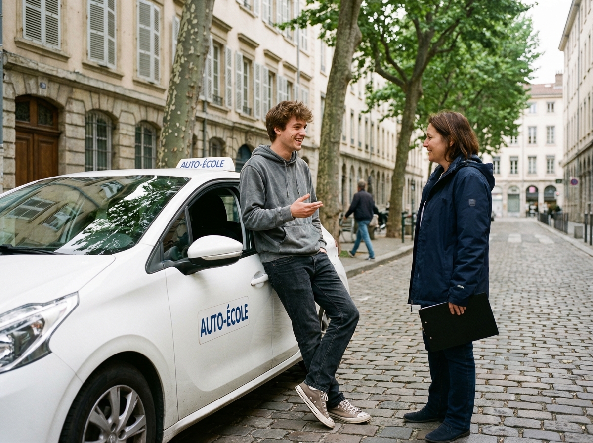 Étudiant et instructrice en discussion dans une rue lyonnaise