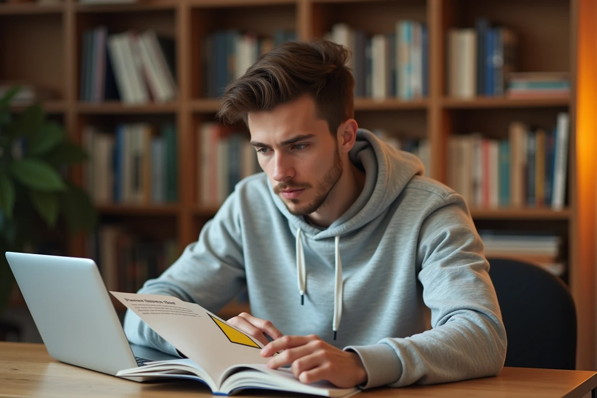 Étudiant révisant le code de la route avec un manuel ouvert sur le panneau losange jaune de priorité