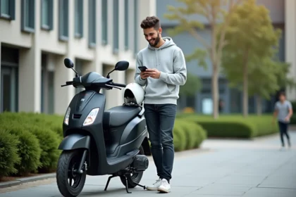 Étudiant souriant à côté de son nouveau scooter 50cc matte noir sur un campus universitaire, casque à la main