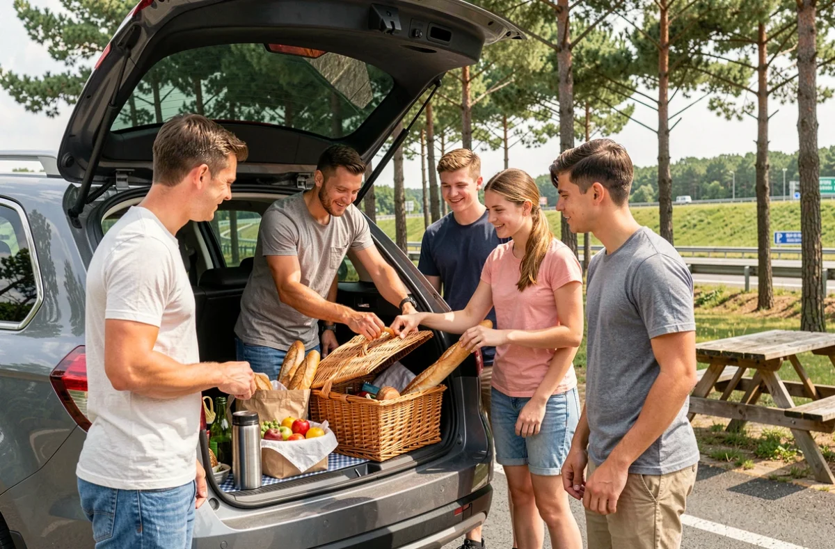 Famille faisant une pause pique-nique au bord de l'autoroute pendant un road trip en été