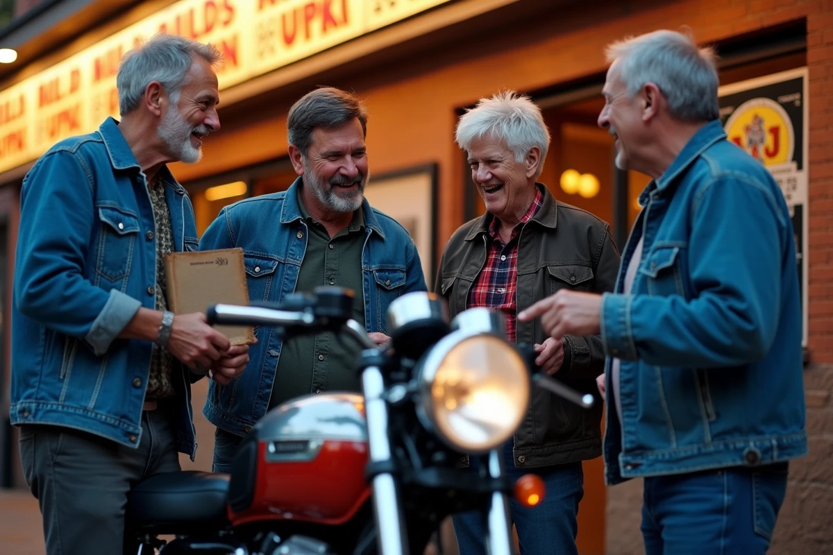 Des fans admirant une moto Triumph vintage des années 1960 devant une salle de concert, évoquant la passion durable pour Bob Dylan