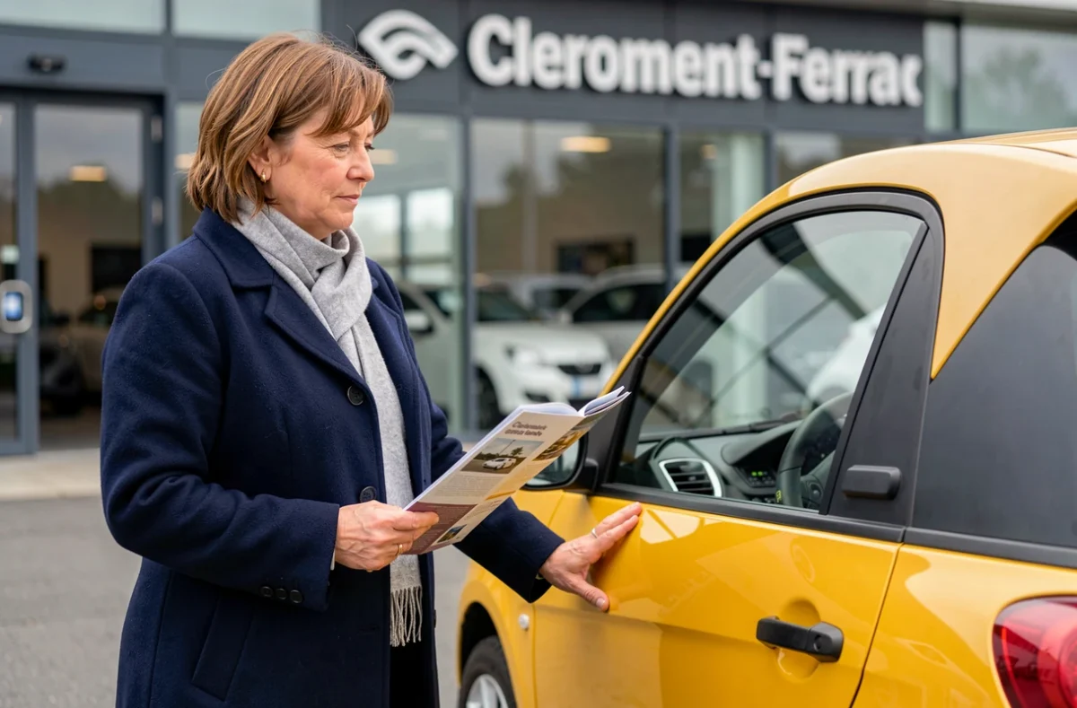 Femme d'une cinquantaine d'années examinant une voiture sans permis chez un concessionnaire à Clermont-Ferrand