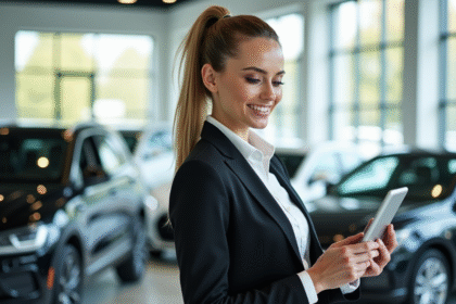 Femme d'affaires confiante utilisant une tablette dans un concessionnaire automobile