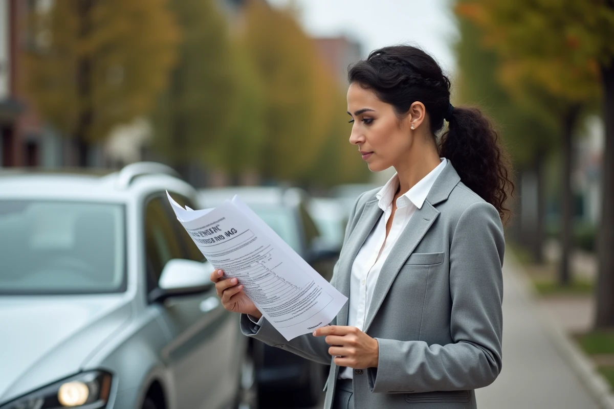 Femme examinant une contravention pour excès de vitesse de la DGT espagnole près de sa voiture