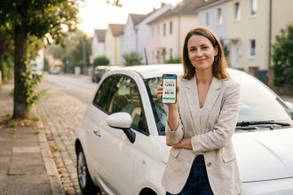 Femme tenant un smartphone avec application de suivi kilométrique à côté de sa voiture compacte blanche, pour illustrer l'assurance auto au kilomètre