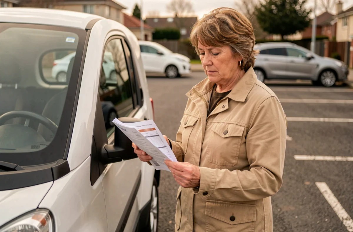 Femme consultant des documents d'assurance à côté d'une voiture sans permis Aixam