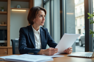 Femme d'âge moyen en bureau d'assurance à Paris