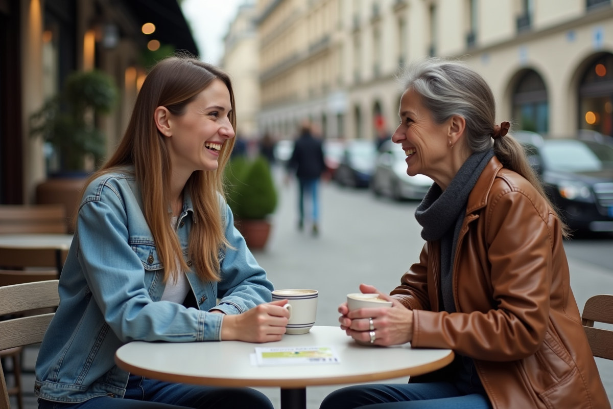 Jeune femme souriante discutant avec une femme âgée au café avec permis