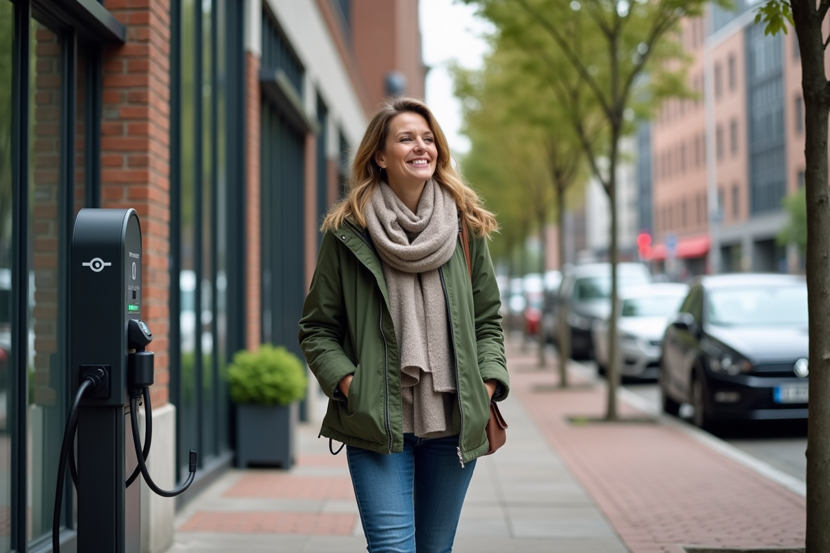 Femme observant une station de recharge électrique en ville