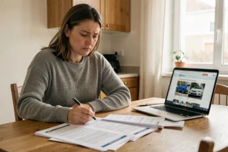 Femme consultant des documents d'assurance voiture à la maison, comparant les tarifs selon son profil conducteur
