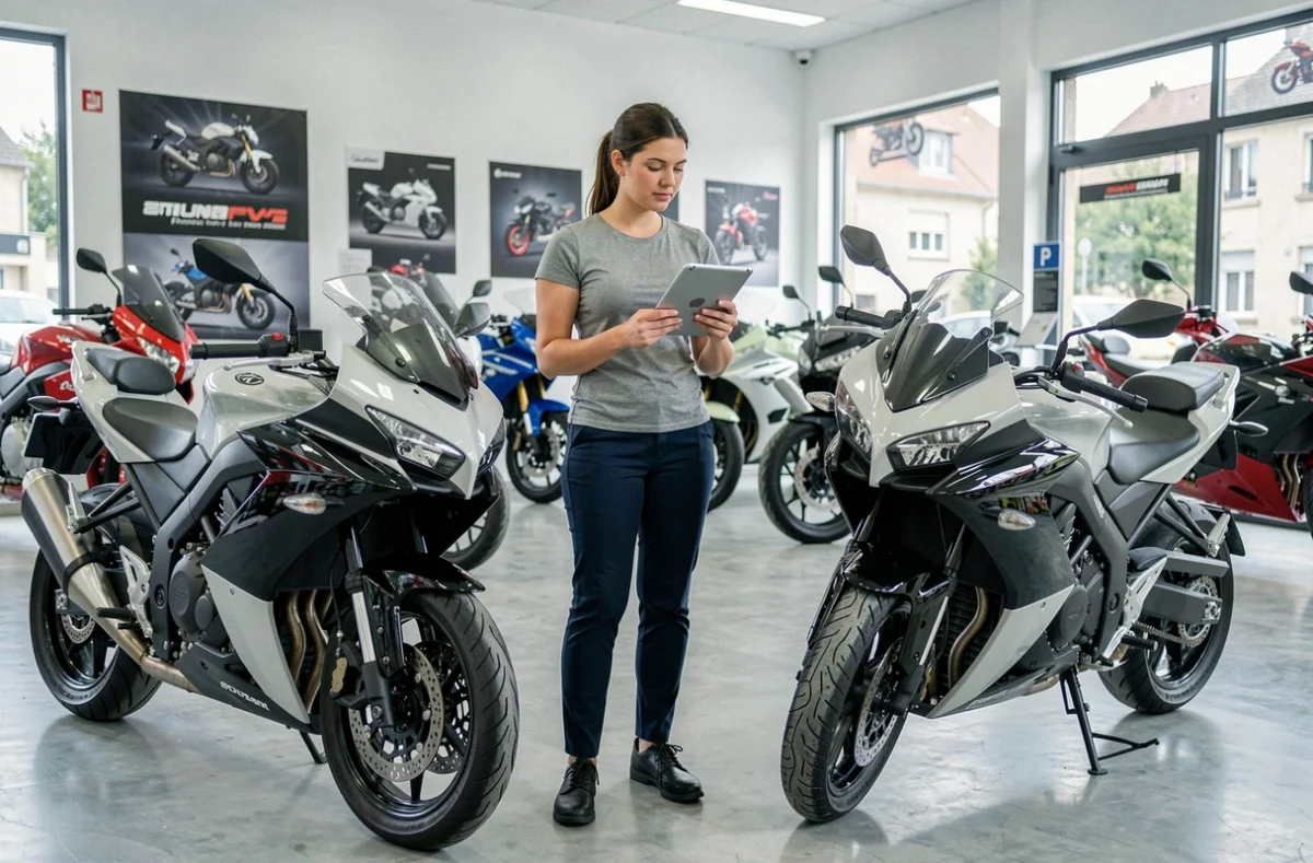 Une femme compare deux motos dans une concession à Agde, tablette en main pour évaluer les modèles neufs et d'occasion