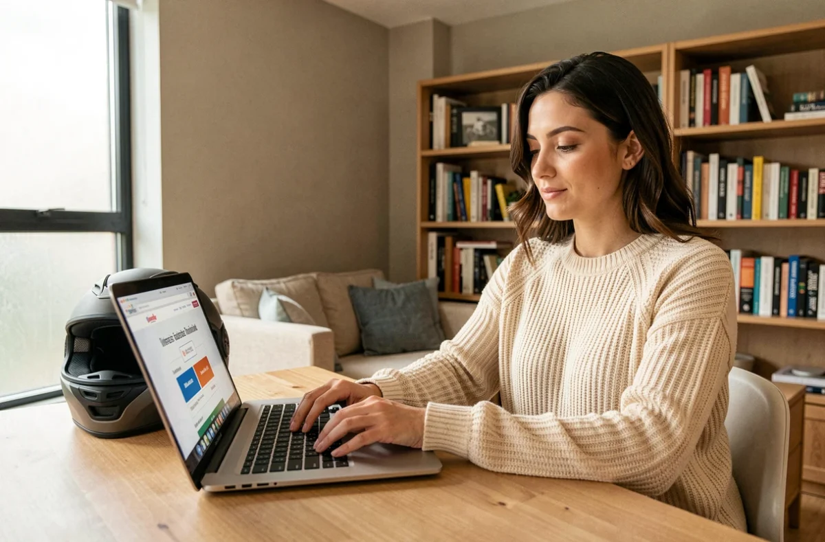 Femme comparant des offres d'assurance moto sur un ordinateur portable avec un casque posé sur le bureau