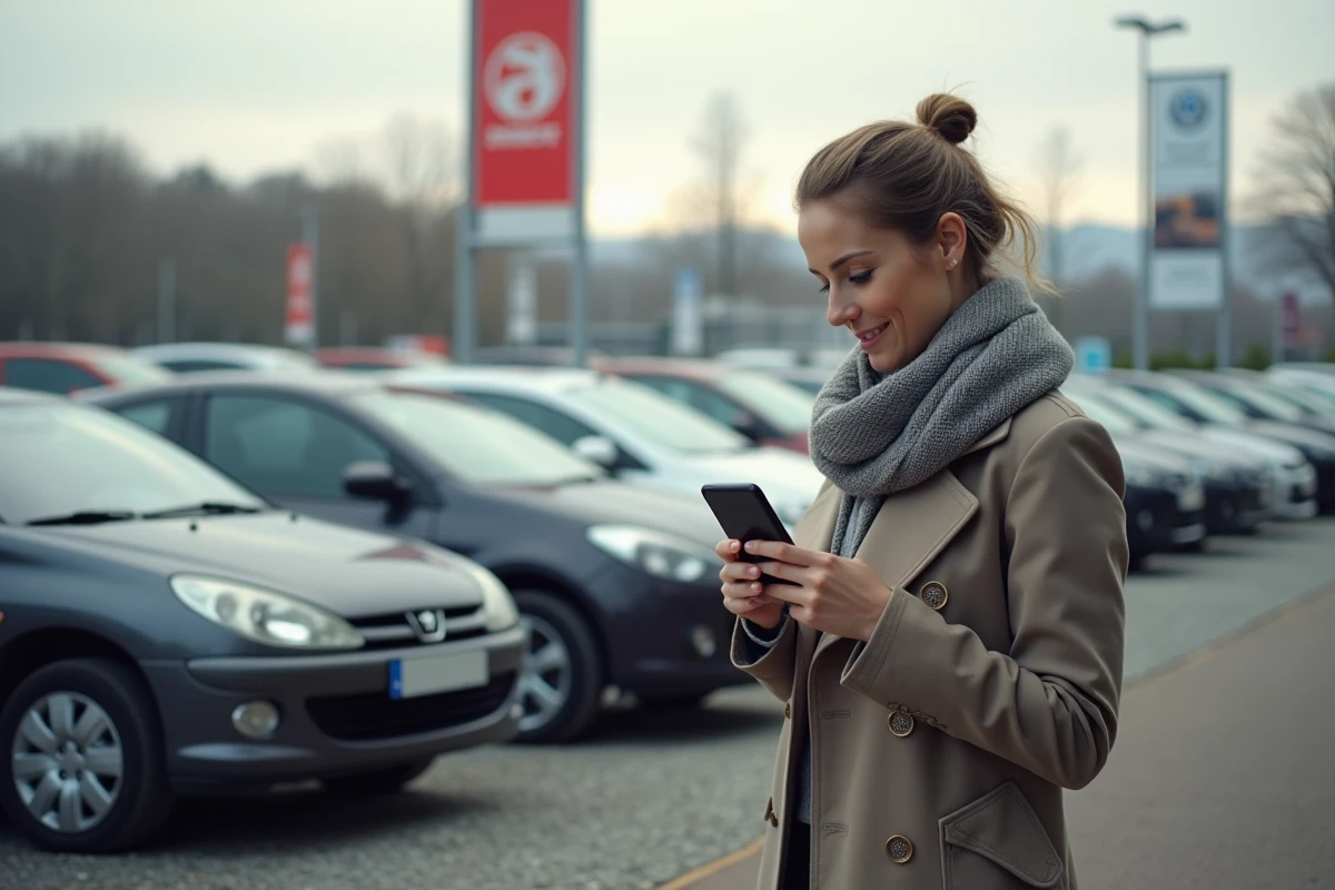 Femme examinant des annonces de voitures d