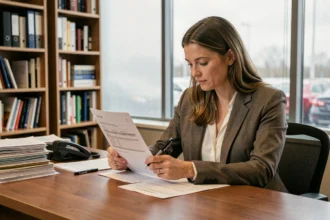 Femme consultant un contrat d'assurance pour une voiture en leasing à son bureau