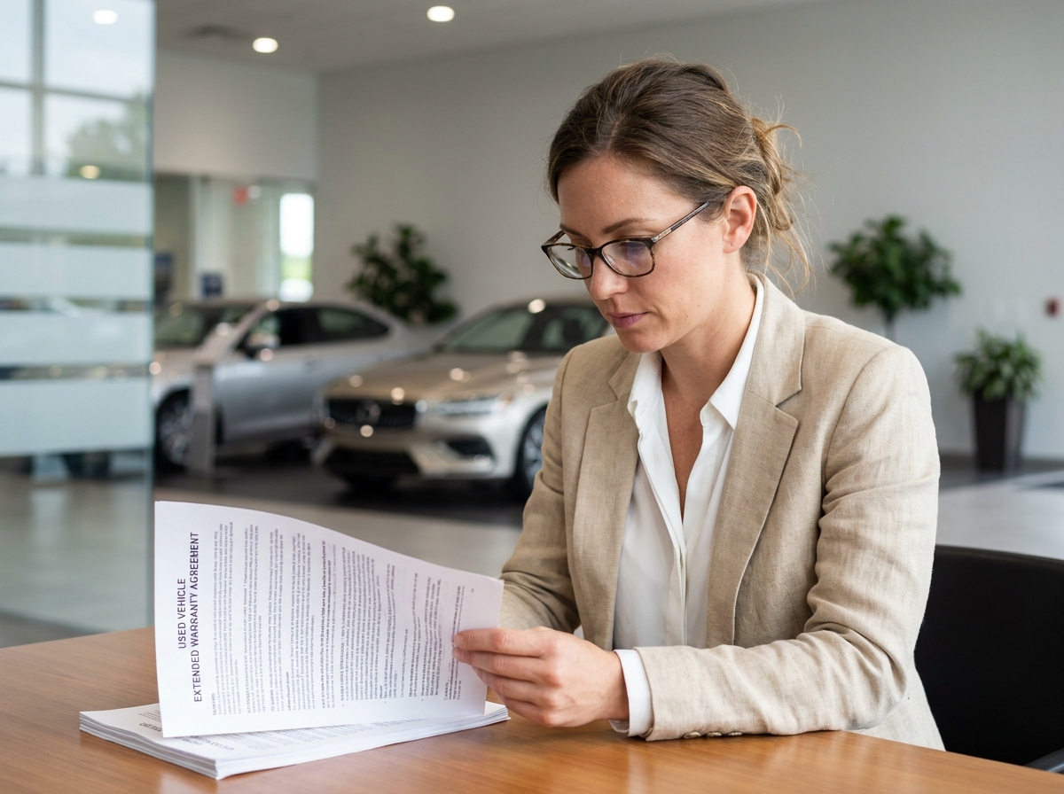 Femme lisant attentivement un contrat de garantie panne mécanique pour une voiture d'occasion dans une concession automobile