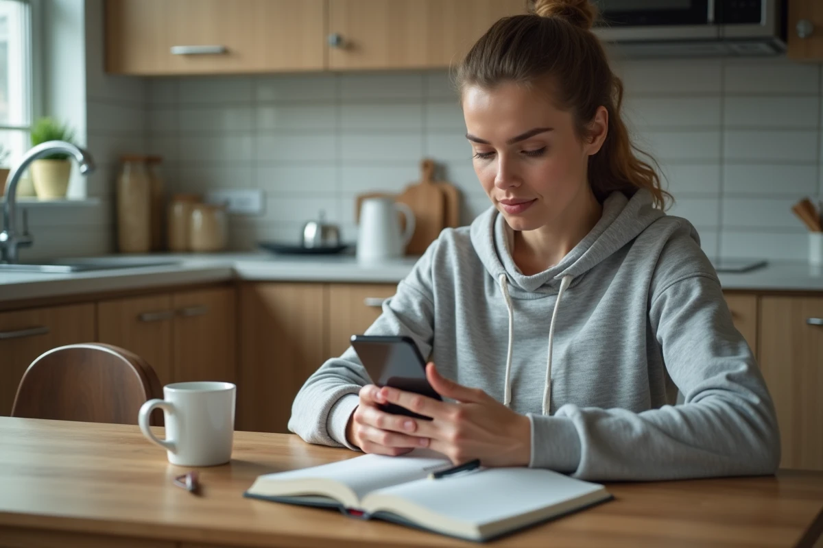 Coureuse utilisant une application de conversion miles en kilomètres sur smartphone à une table de cuisine avec un journal d'entraînement ouvert