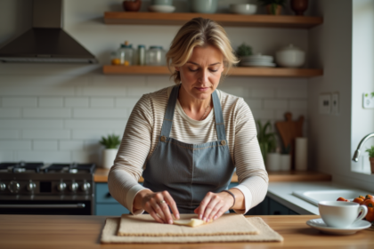Femme en cuisine posant une plaque WW sur un plan de travail