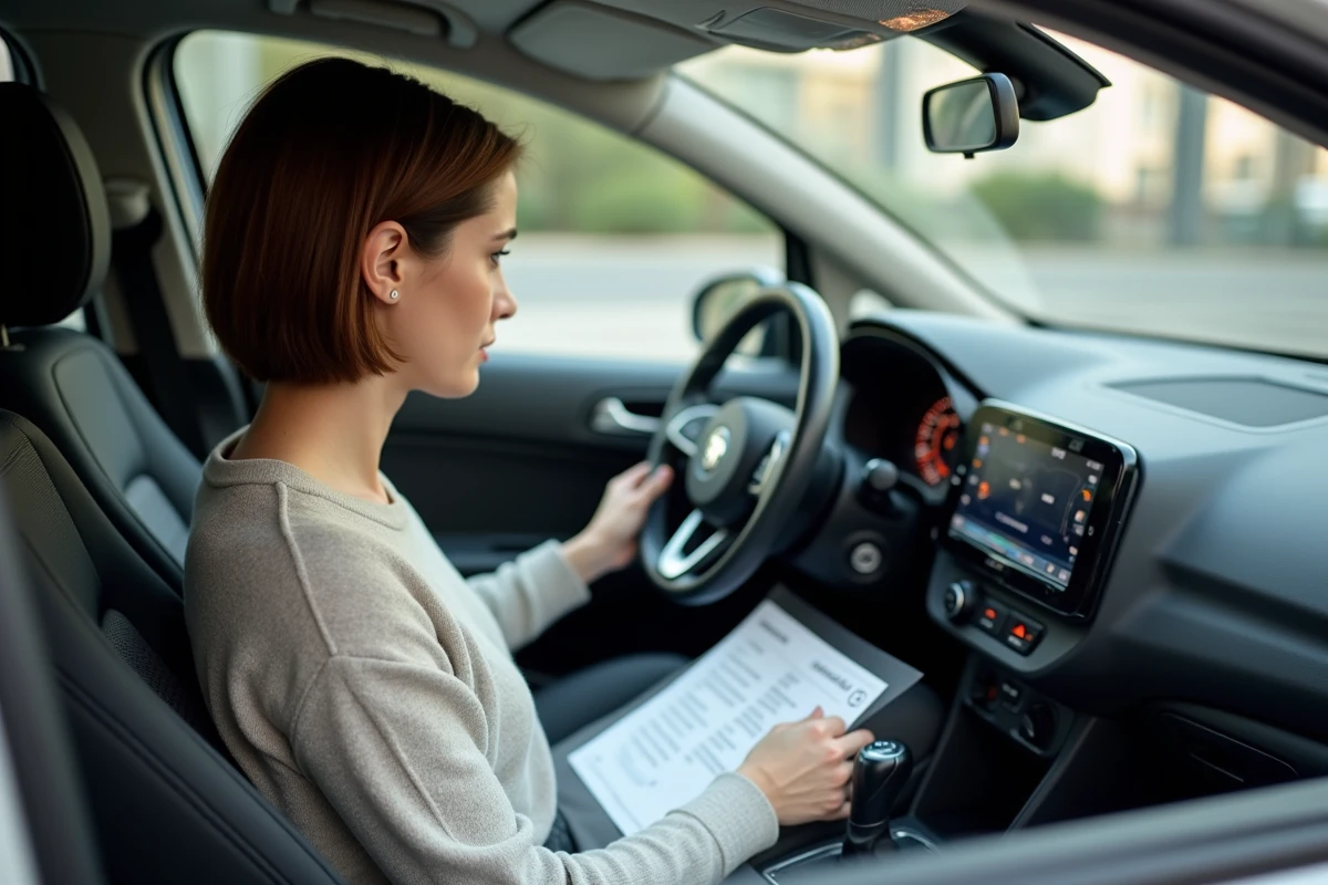 Femme regardant le tableau de bord dans une voiture compacte