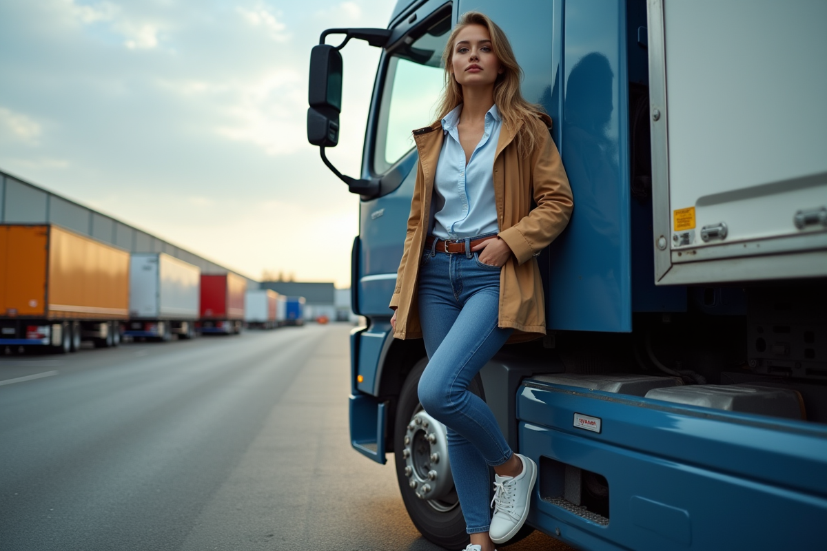 Jeune femme sortant d’un camion dans un dépôt