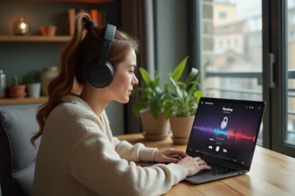 Femme assise à son bureau écoute de la musique avec casque sans fil