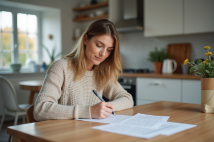 Femme remplissant des formulaires dans une cuisine moderne