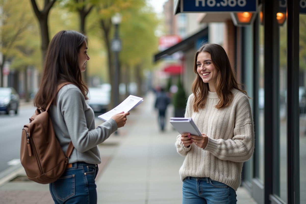 Femme discutant avec un agent à un stand d information en ville