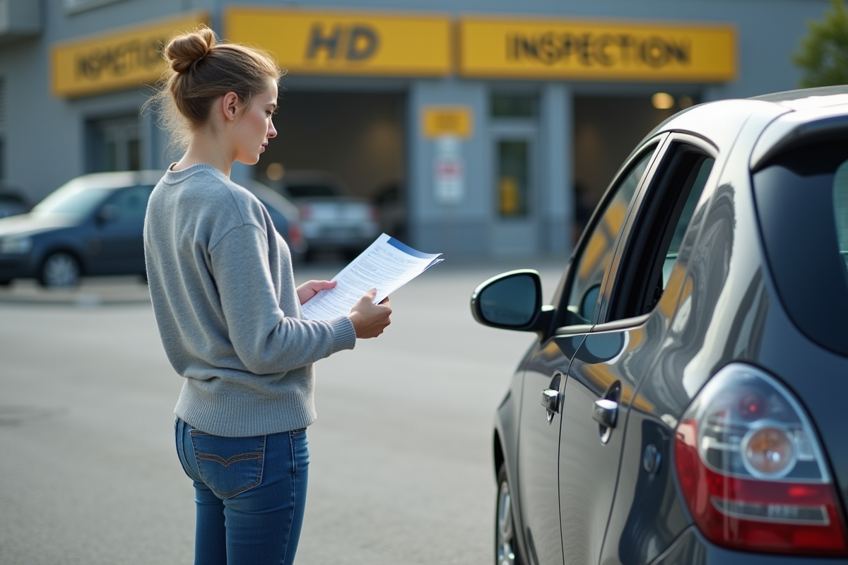 Jeune femme examine un rapport d inspection près de sa voiture