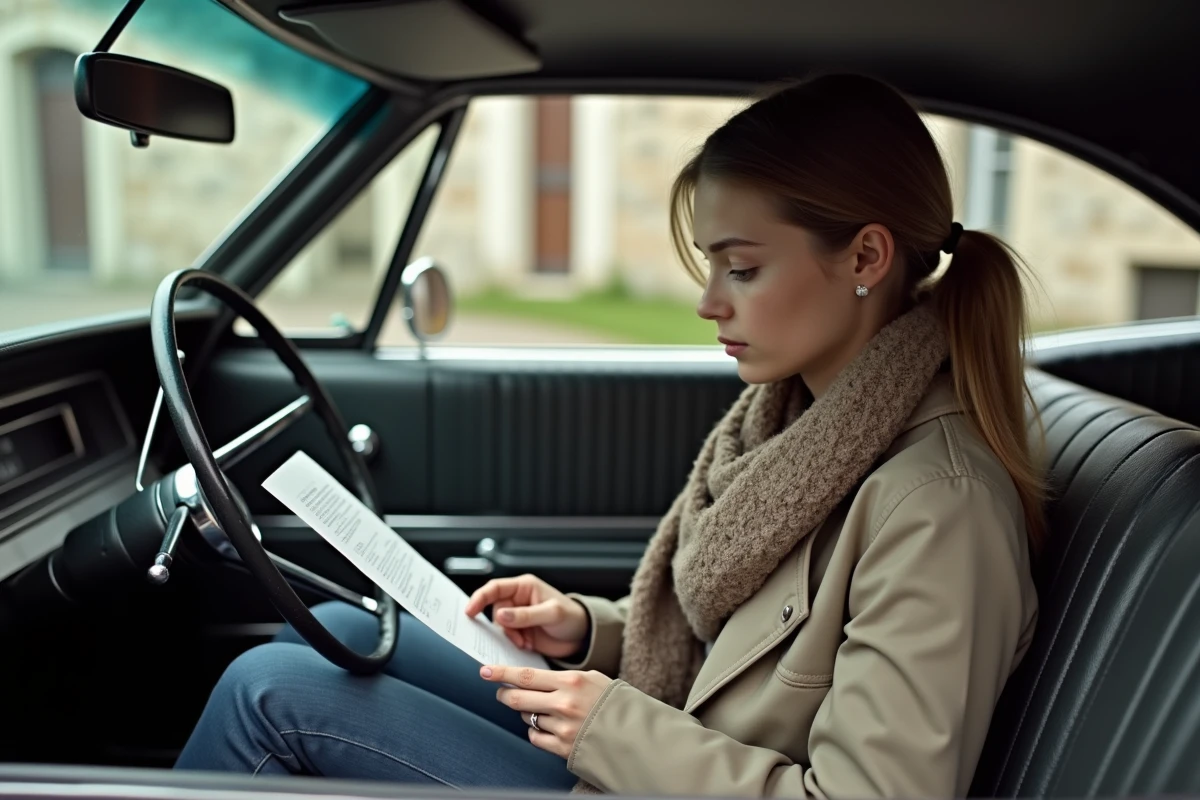 Jeune femme lisant un document dans une Impala 1967