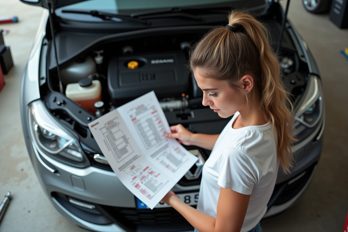 Jeune femme regardant un schéma moteur près d