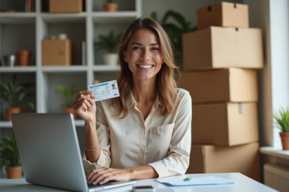 Femme souriante au bureau tenant son permis de conduire