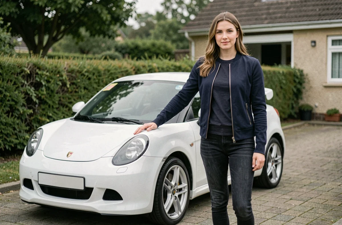 Jeune femme debout à côté d'une Ligier JS50 Sport Ultimate blanche dans une allée résidentielle