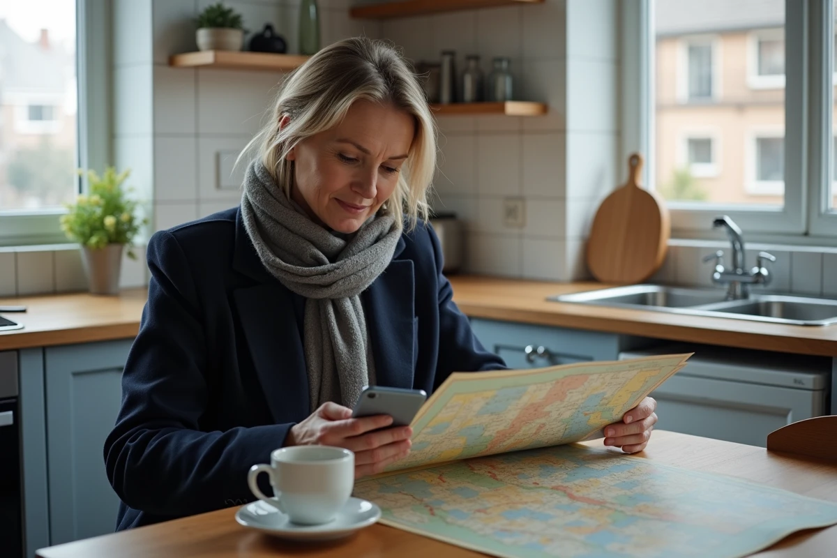 Femme lisant carte des prix du carburant à la maison