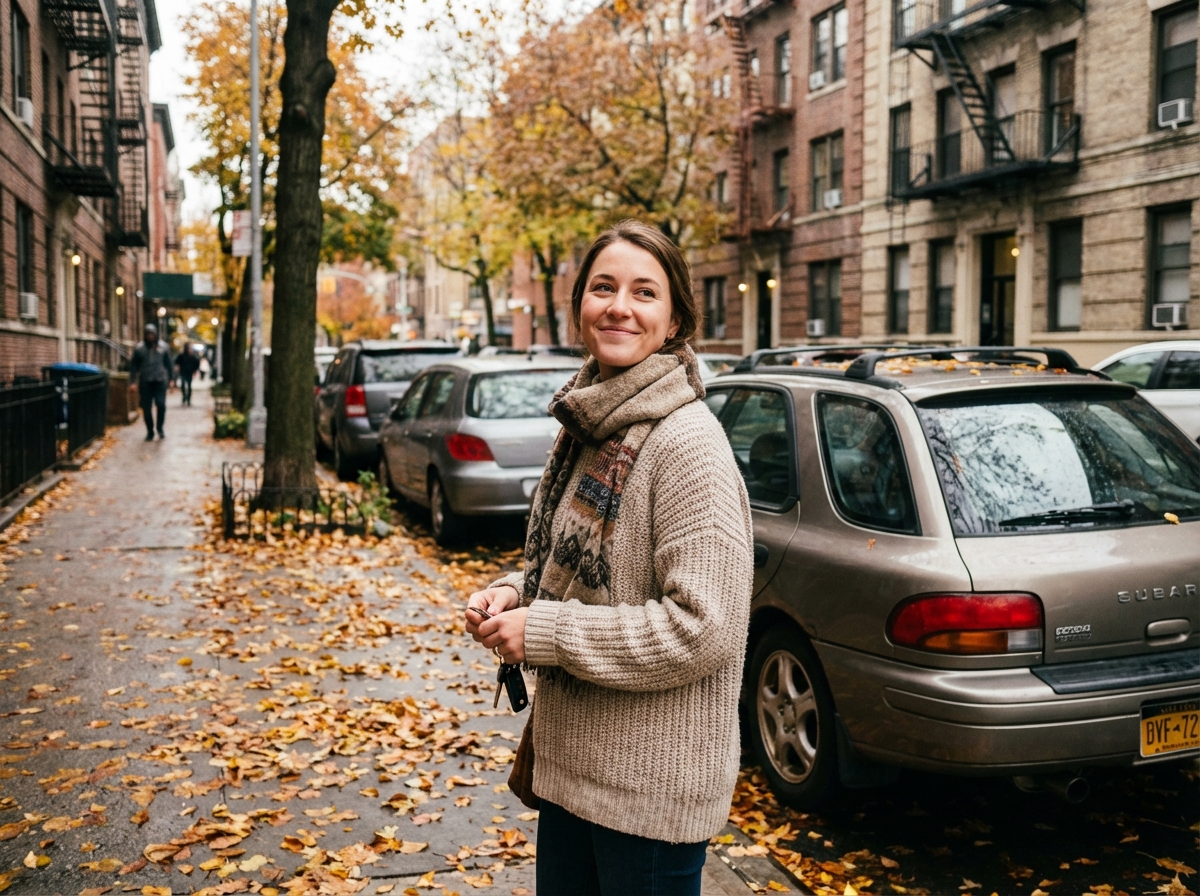 Femme détendue verrouillant sa voiture en automne