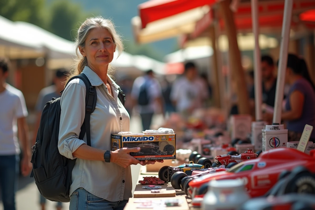 Femme tient une boîte de voiture Mikado au marché en plein air