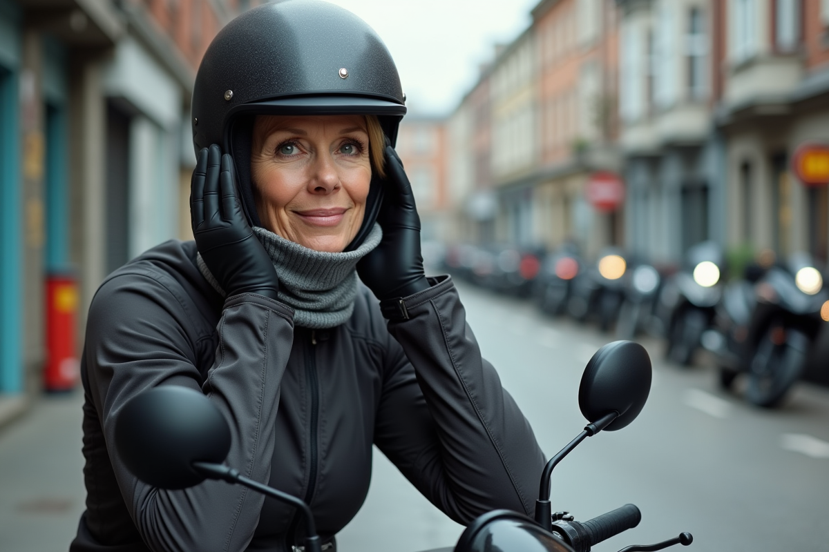 Femme motard ajustant son casque en ville
