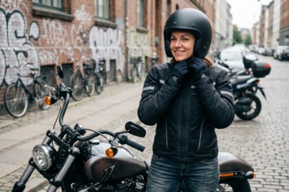 Femme en moto personnalisée ajustant son casque en ville