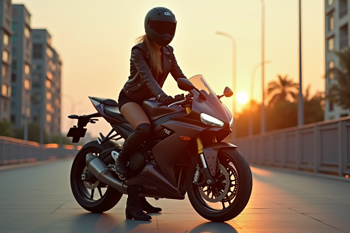 Femme en moto au lever du soleil en ville avec casque et cuir