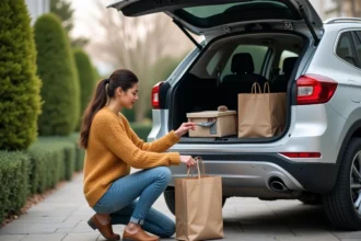 Femme arrangeant des sacs dans le coffre d'un SUV familial