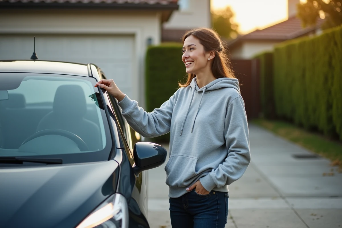 Femme installant un pare-soleil réfléchissant sur le pare-brise de sa voiture dans une allée résidentielle, accessoire autovitrage pratique