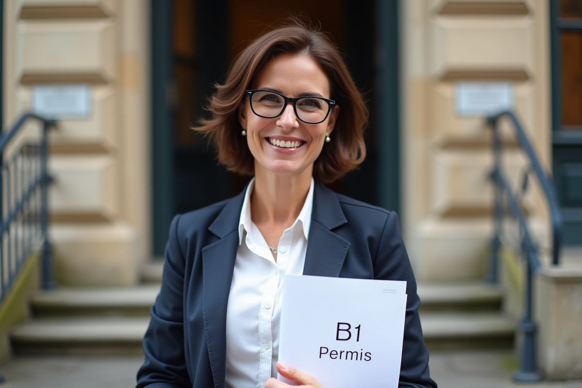 Femme souriante avec permis B1 devant un bâtiment administratif