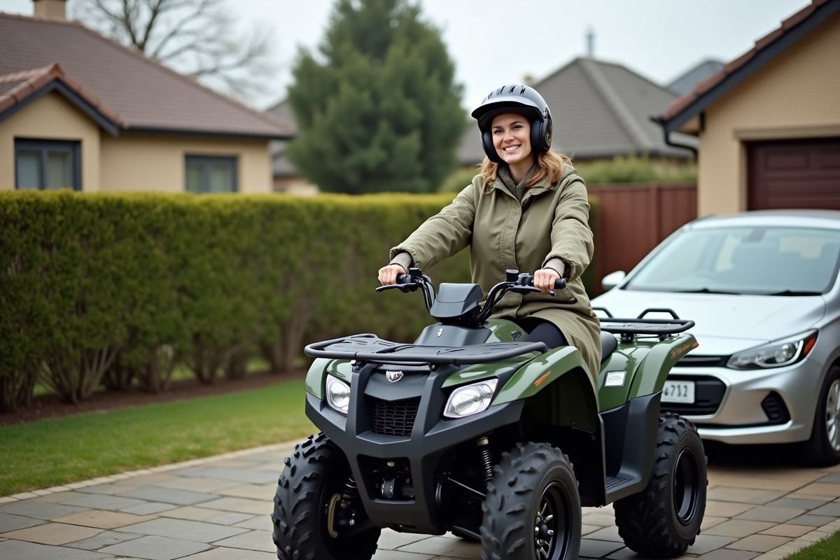 Femme en quad dans une allée résidentielle