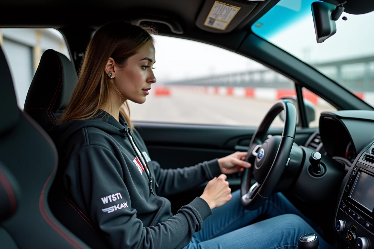 Jeune femme ajustant le harnais dans une Subaru WRX STI sur circuit