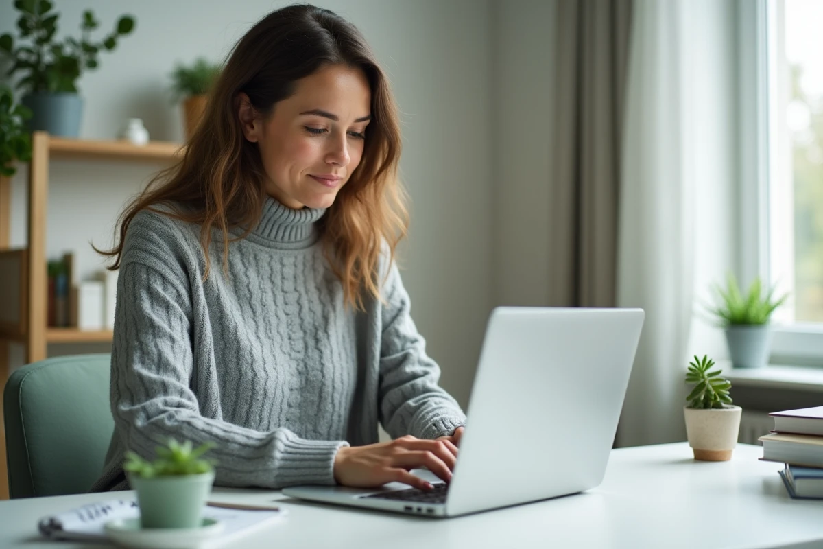 Femme cherchant une meilleure offre d'assurance auto en ligne sur ordinateur portable depuis son bureau à domicile