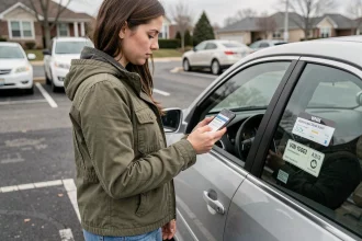 Jeune femme consultant son smartphone pour trouver la finition de sa voiture grâce au numéro VIN dans un parking