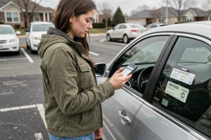 Jeune femme consultant son smartphone pour trouver la finition de sa voiture grâce au numéro VIN dans un parking