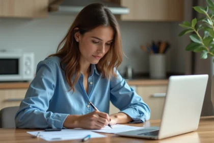 Jeune femme remplissant formulaires de voiture à la maison