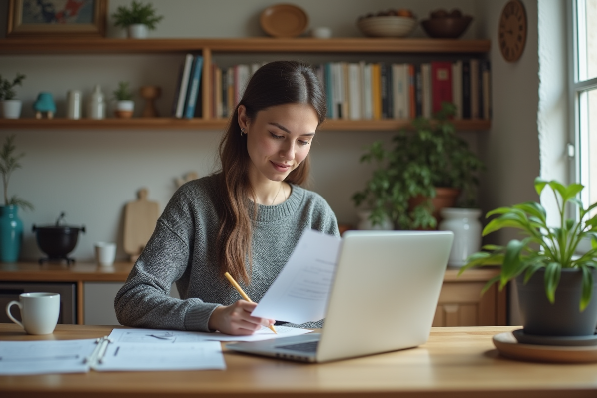 Jeune femme remplissant un formulaire chez elle